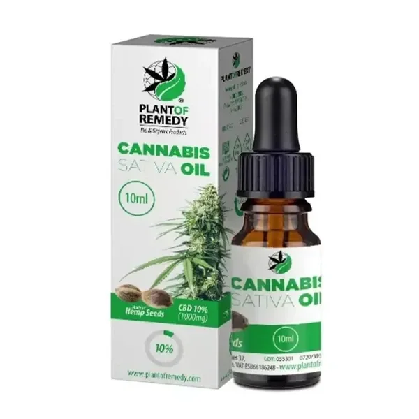 Frasco ámbar con cuentagotas negro junto a su caja blanca y verde, con una planta de cannabis y las indicaciones CBD 10 % y 10 ml.