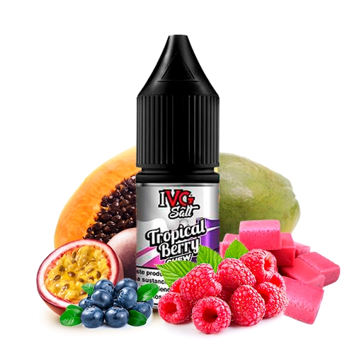 Frasco IVG Salt Tropical Berry Chew con tapón negro, rodeado de papaya, maracuyá, arándanos, frambuesas y caramelos rosas.