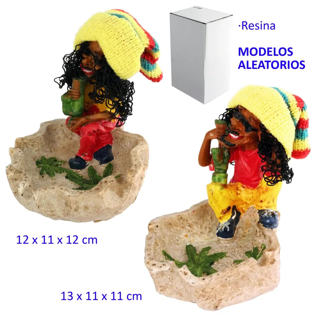 Modelos de cenicero de resina con figura rasta sobre roca, gorro multicolor y hojas verdes decorando la base.