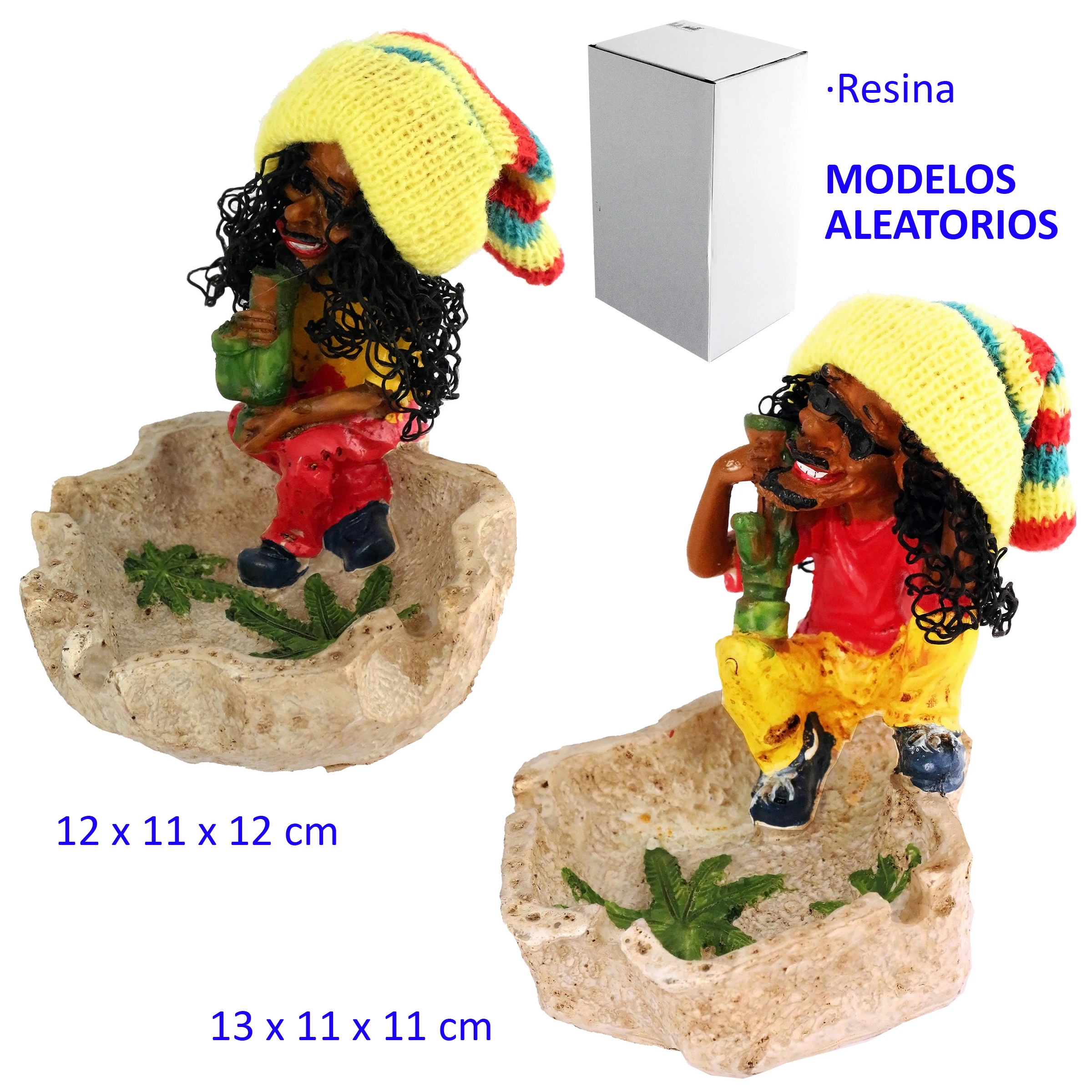 Modelos de cenicero de resina con figura rasta sobre roca, gorro multicolor y hojas verdes decorando la base.