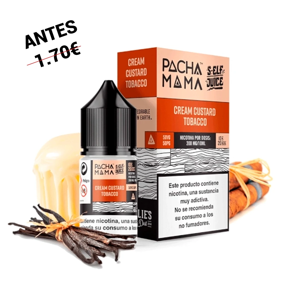 Frasco y caja Pachamama Self Juice Cream Custard Tobacco, con advertencia de nicotina, junto a vainilla y crema ilustrativas.