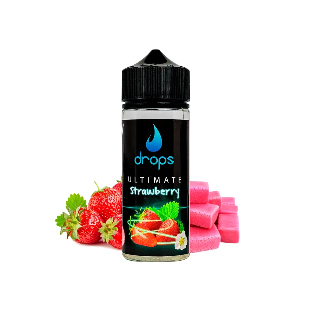 Frasco Drops Ultimate Strawberry con tapón negro y etiqueta de fresas, acompañado de fresas y bloques rosas. Frasco Drops Ultimate Strawberry con tapón negro y etiqueta de fresas, acompañado de fresas y bloques rosas.