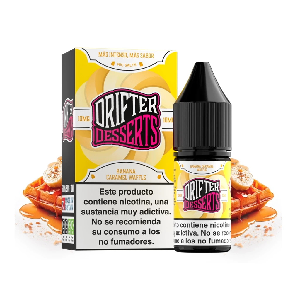 Frasco y caja amarilla de Drifter Desserts Banana Caramel Waffle, con advertencia de nicotina y gofres con plátano al fondo.