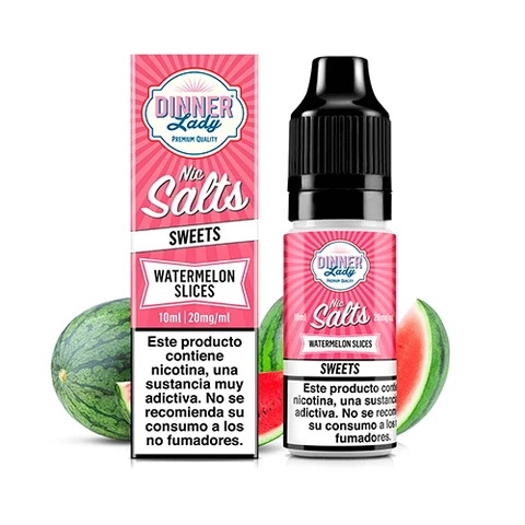 Caja rosa y frasco Dinner Lady Watermelon Slices Nic Salt, con tapón negro, advertencia de nicotina y sandía al fondo.