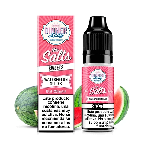 Caja rosa y frasco Dinner Lady Watermelon Slices Nic Salt, con tapón negro, advertencia de nicotina y sandía al fondo.