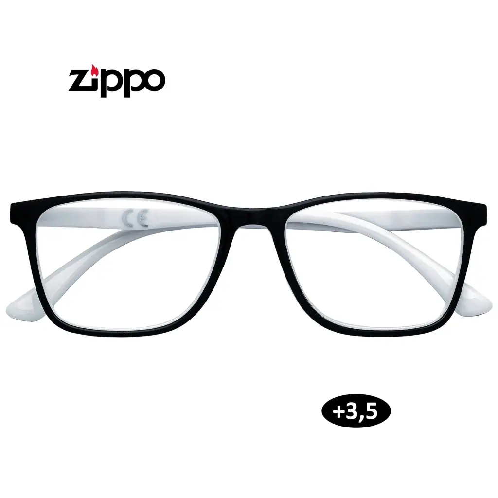 Gafas de lectura Zippo vistas de frente, con montura rectangular negra, patillas blancas e indicación de graduación +3,5.