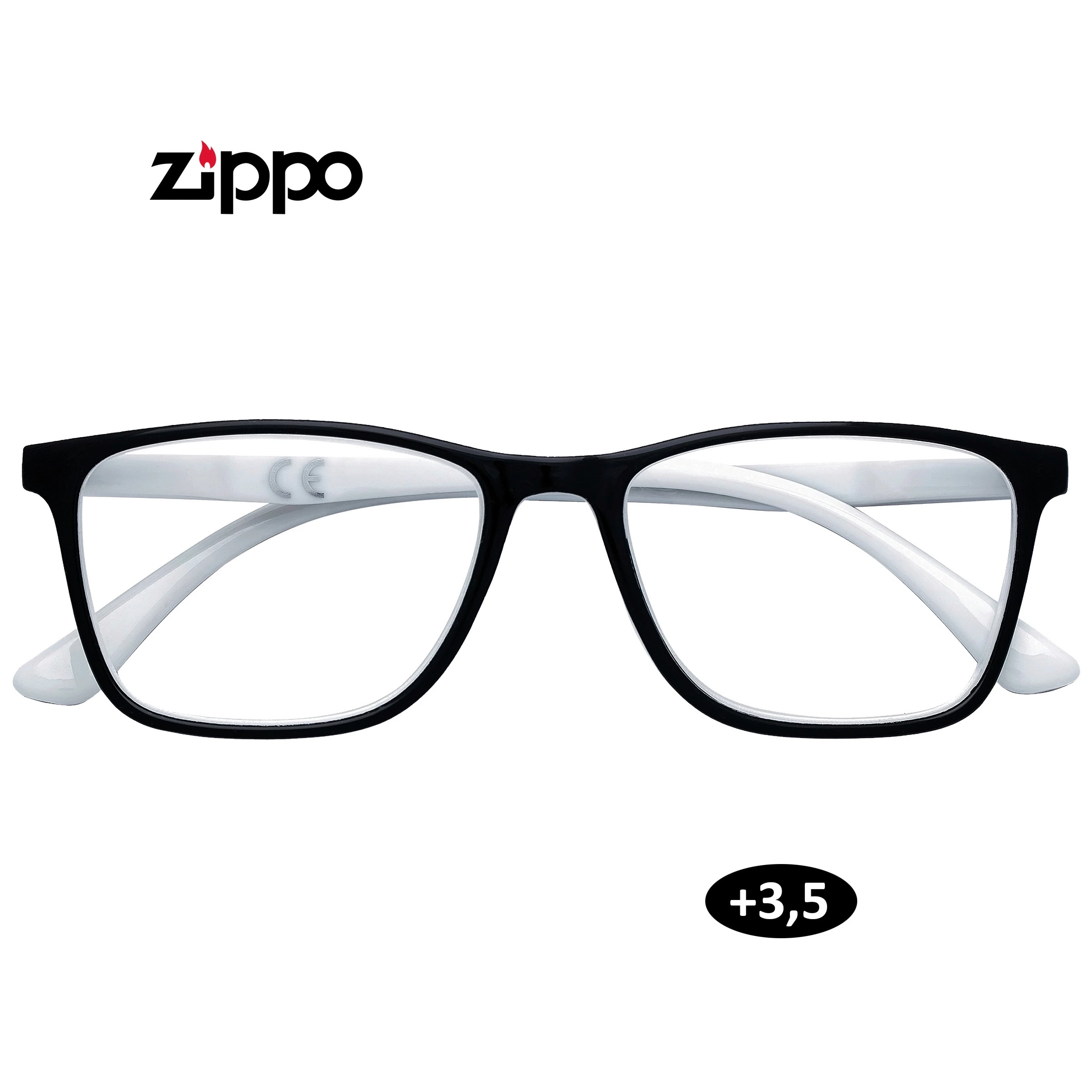 Gafas de lectura Zippo vistas de frente, con montura rectangular negra, patillas blancas e indicación de graduación +3,5.