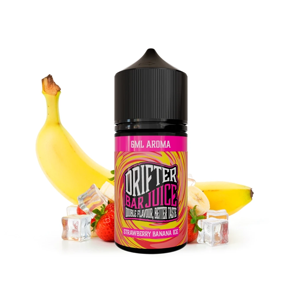 Frasco Drifter Strawberry Banana Ice con etiqueta rosa y amarilla y tapón negro, rodeado de plátanos, fresas y cubitos de hielo.