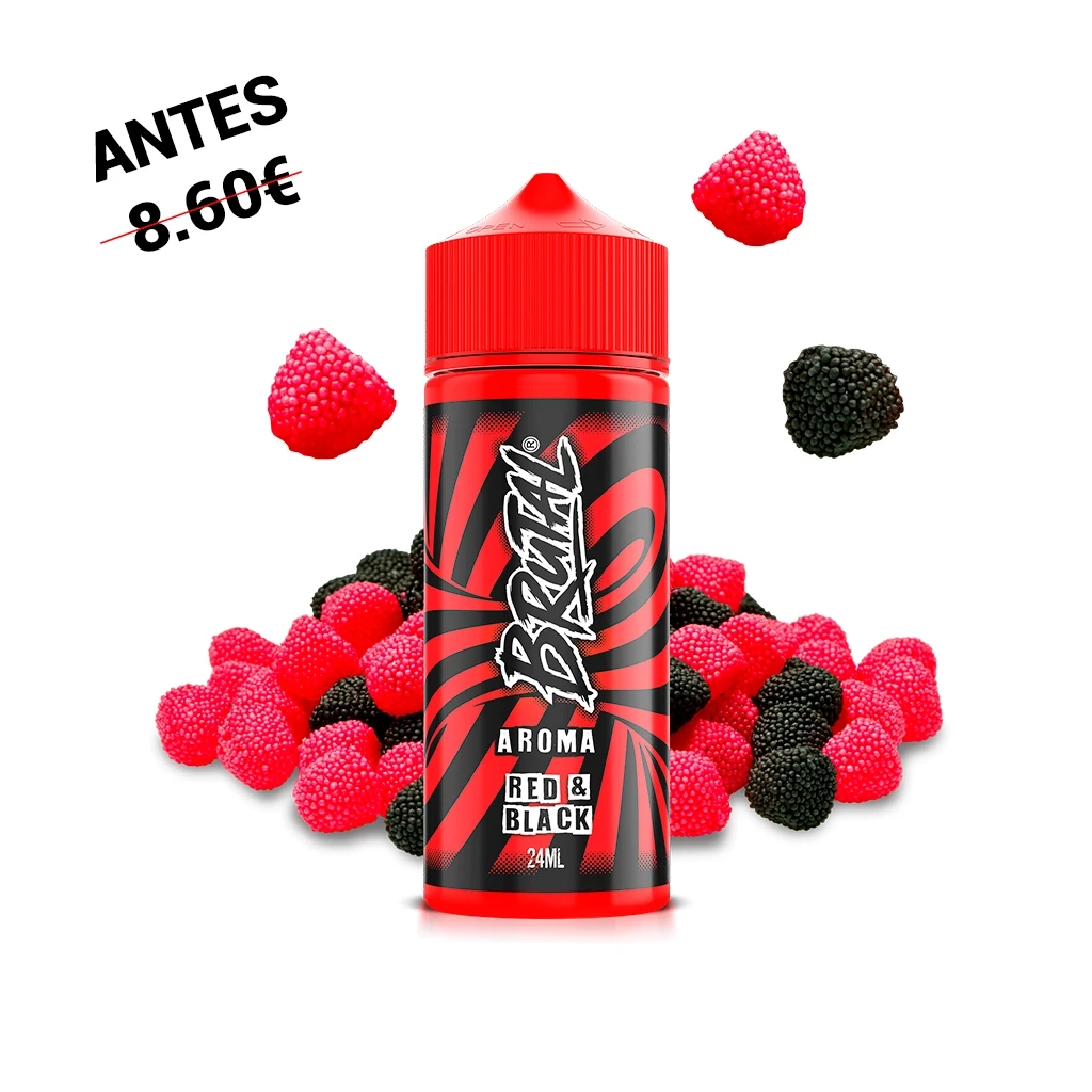 Frasco Brutal Red & Black Longfill de 24 ml, con tapón rojo y etiqueta roja y negra, rodeado de golosinas rojas y negras con forma de mora.