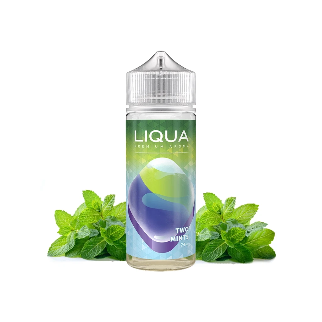 Frasco Liqua Two Mints Longfill de 24 ml con tapón transparente y etiqueta verde y azul, rodeado de hojas de menta.