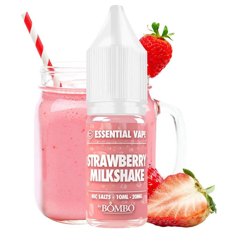 Frasco Strawberry Milkshake Essential Vape by Bombo con tapón blanco, delante de una jarra de batido rosa y fresas.