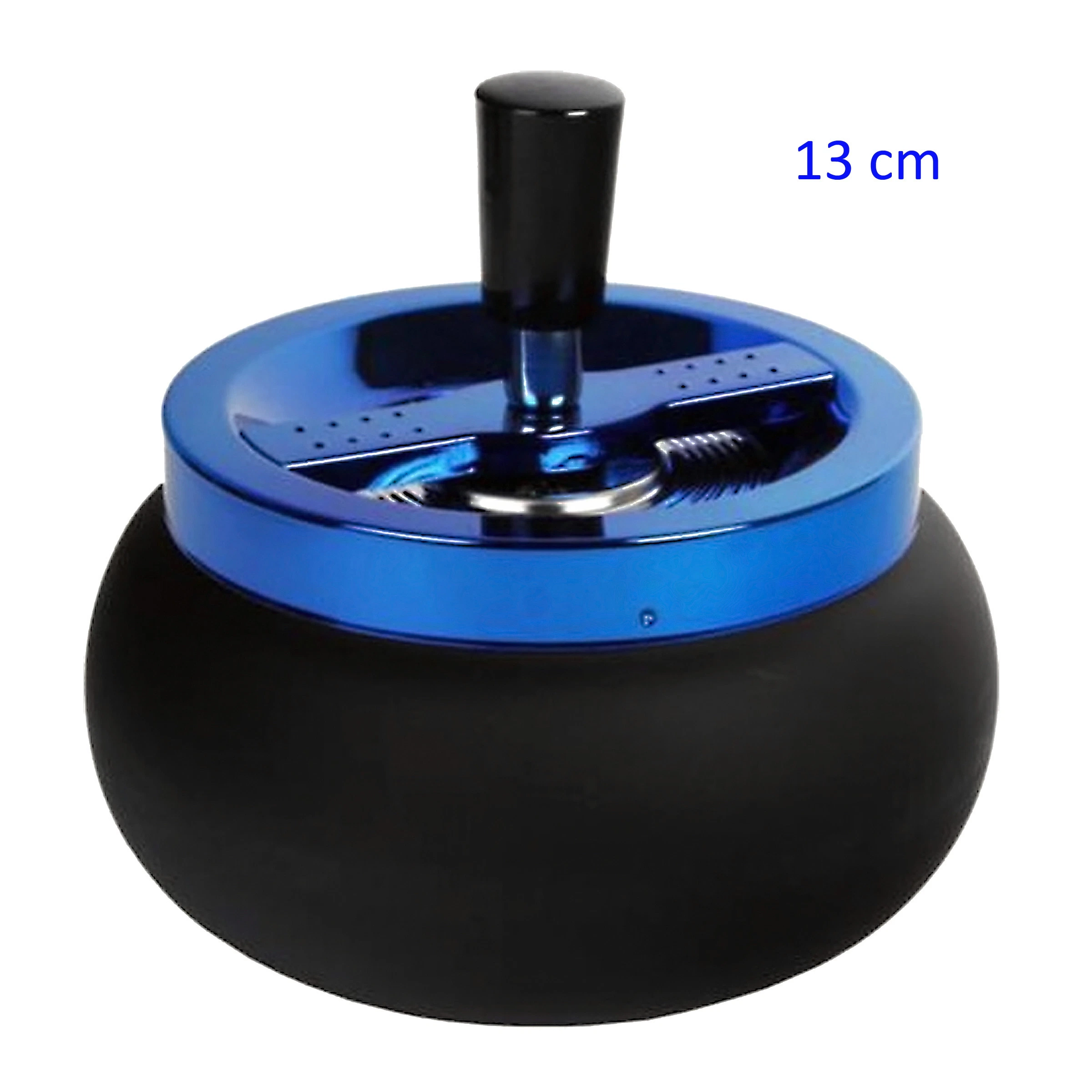 Cenicero automático de cuerpo negro redondeado, con tapa azul brillante, apoyos perforados y pulsador negro vertical sobre fondo blanco.