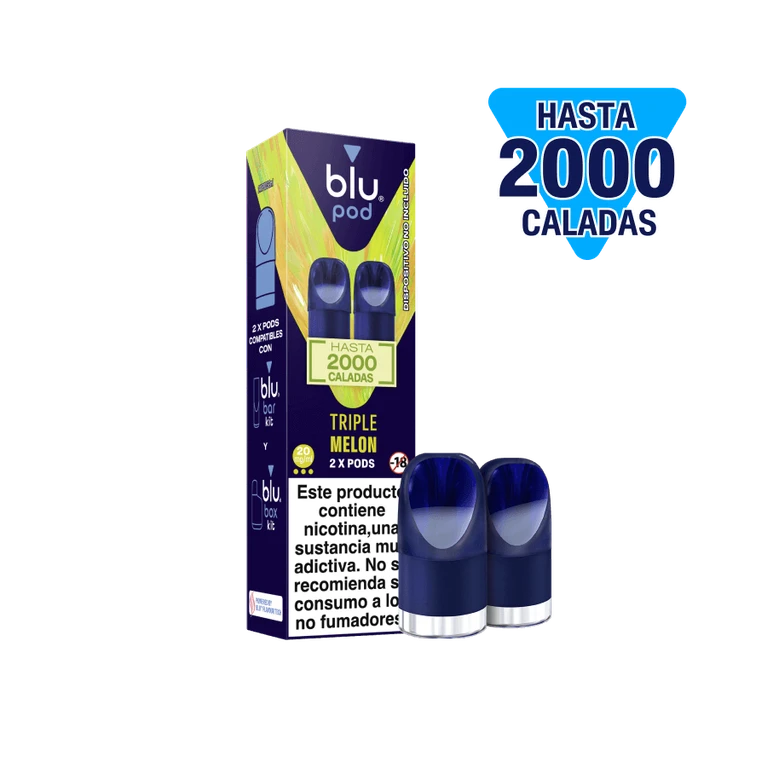 Caja de blu pod Triple Melon y cápsulas azules sobre fondo negro, con aviso de nicotina y rótulo «Hasta 2000 caladas».