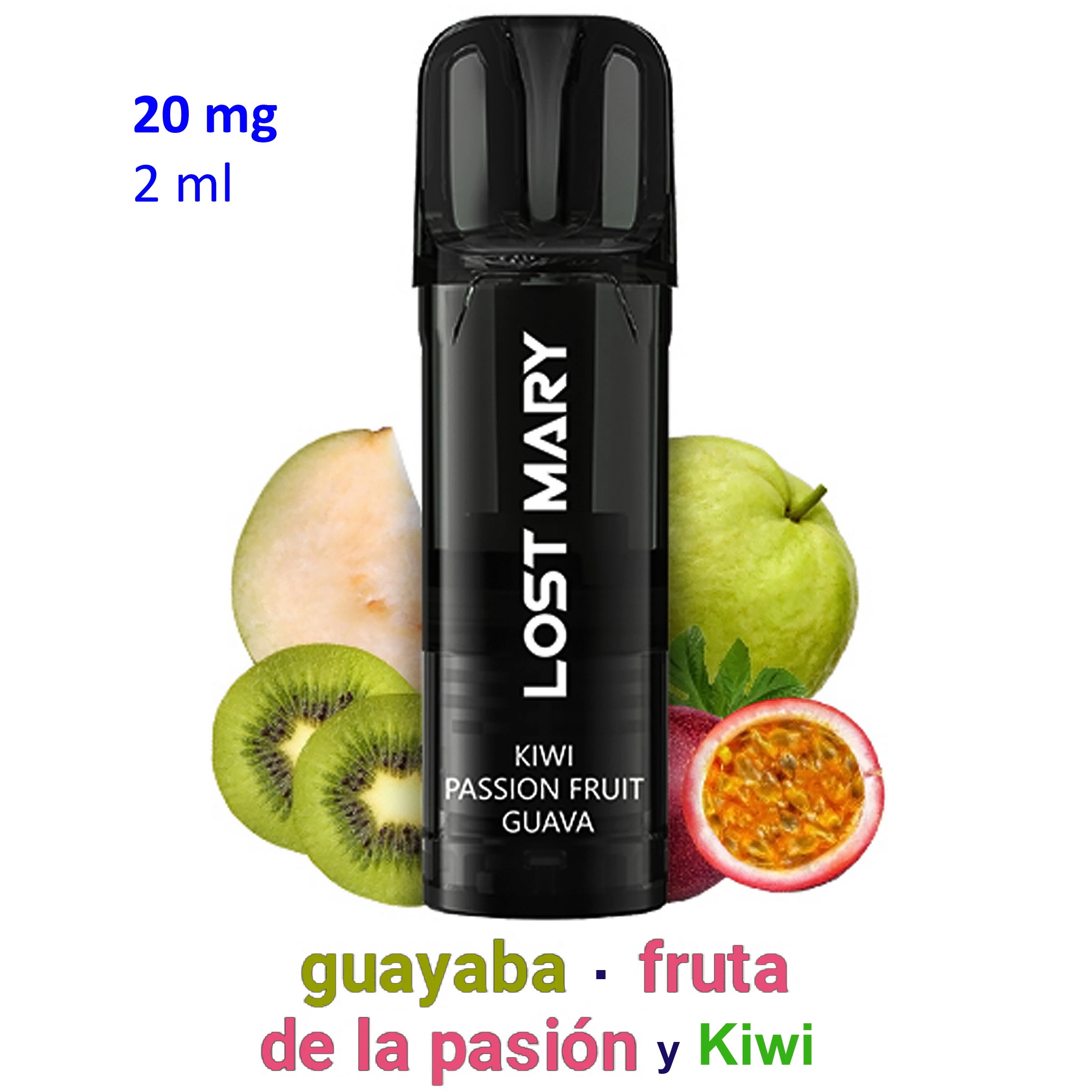 Pod negro Lost Mary Kiwi Passion Fruit Guava rodeado de kiwi, guayaba y fruta de la pasión, con las indicaciones 20 mg y 2 ml.