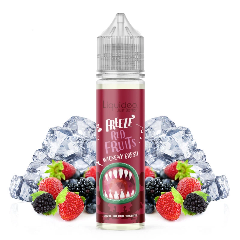 Frasco Liquideo Freeze Red Fruits con tapón transparente y etiqueta roja, rodeado de fresas, moras, bayas oscuras y cubitos de hielo.