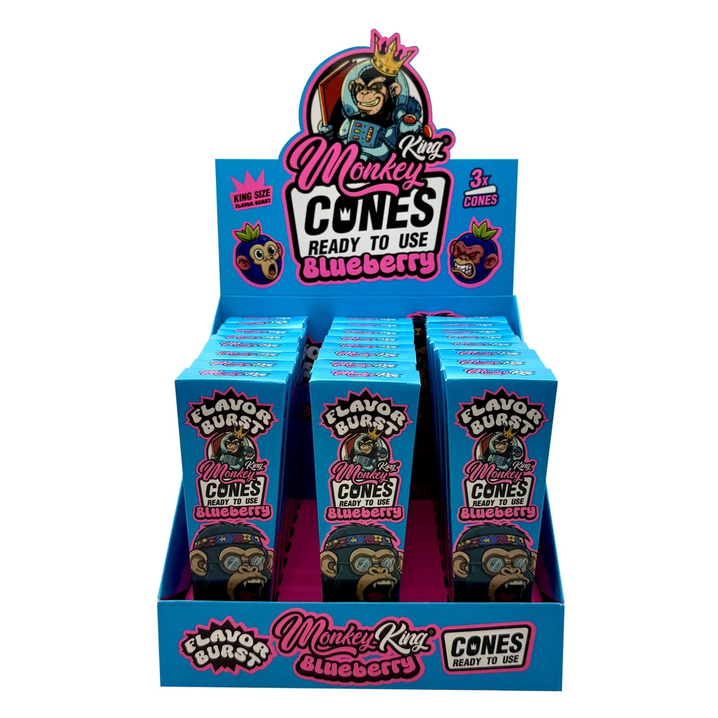 Expositor de cajas turquesas Monkey King Cones Blueberry, con letras rosas, monos ilustrados y las indicaciones King Size y 3x Cones.