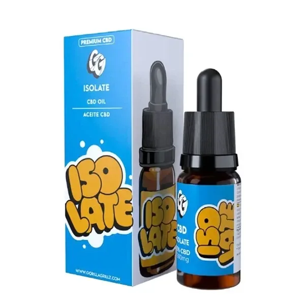 Aceite CBD Isolate de Gorilla Grillz en frasco marrón con cuentagotas negro, junto a su caja azul con letras amarillas.