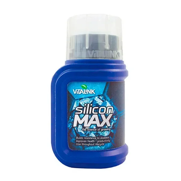 Envase azul de VitaLink Silicon MAX con tapón translúcido y etiqueta turquesa con el nombre del producto en letras blancas.