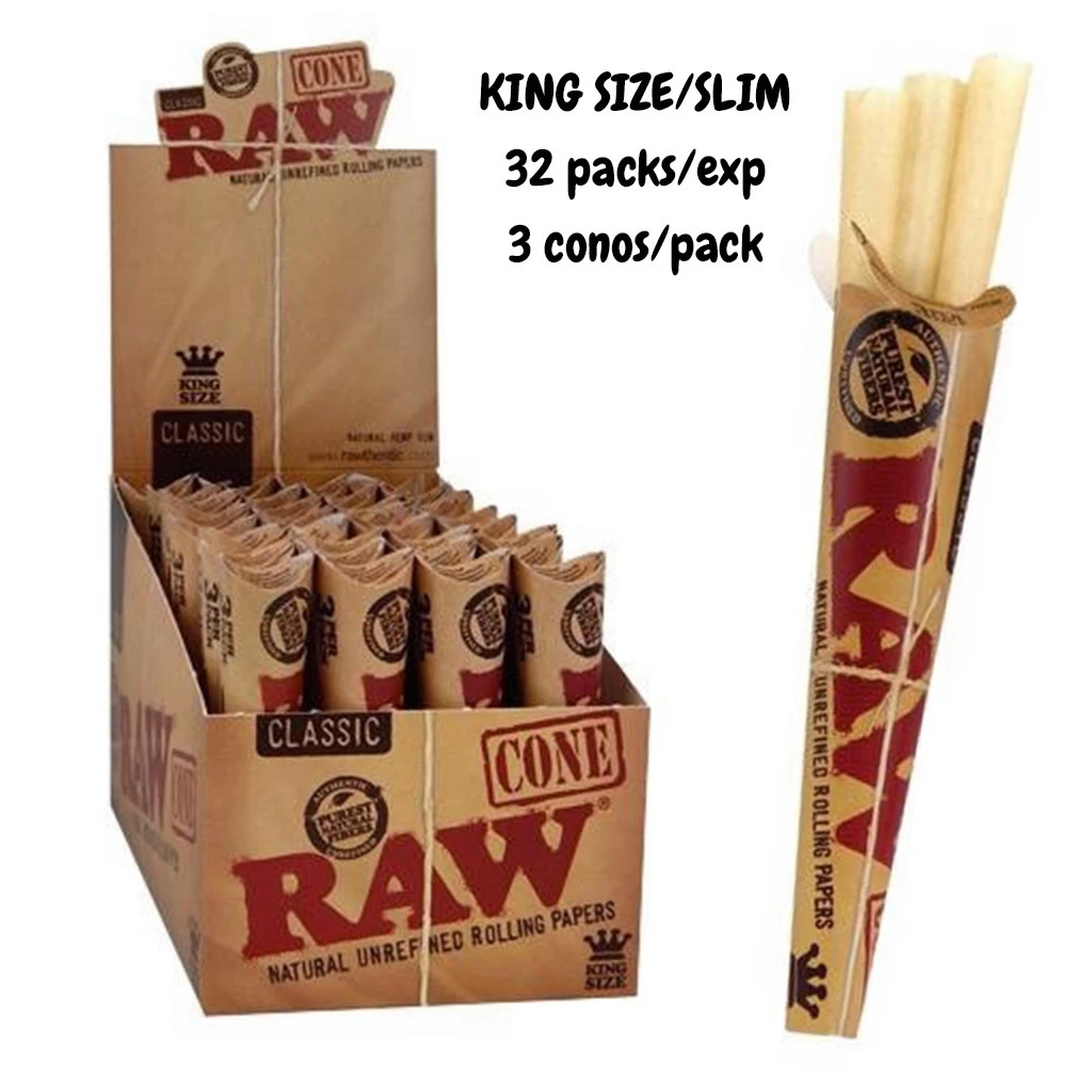 Expositor RAW Classic con paquetes de conos King Size Slim y un paquete ampliado al lado; indica 32 paquetes y 3 conos por paquete.