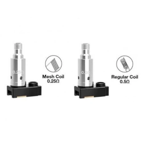 Comparativa de resistencias Lost Vape Orion Plus: Mesh Coil de 0,25 Ω y Regular Coil de 0,5 Ω, con dibujos de sus estructuras.