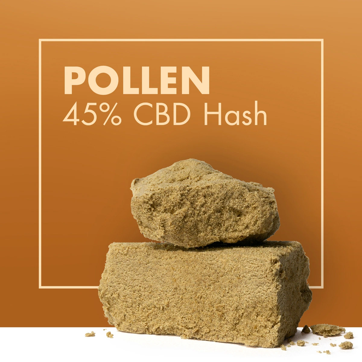 Hash Pollen en bloques de tono beige y textura granulosa, sobre fondo naranja con el texto «POLLEN 45% CBD Hash».