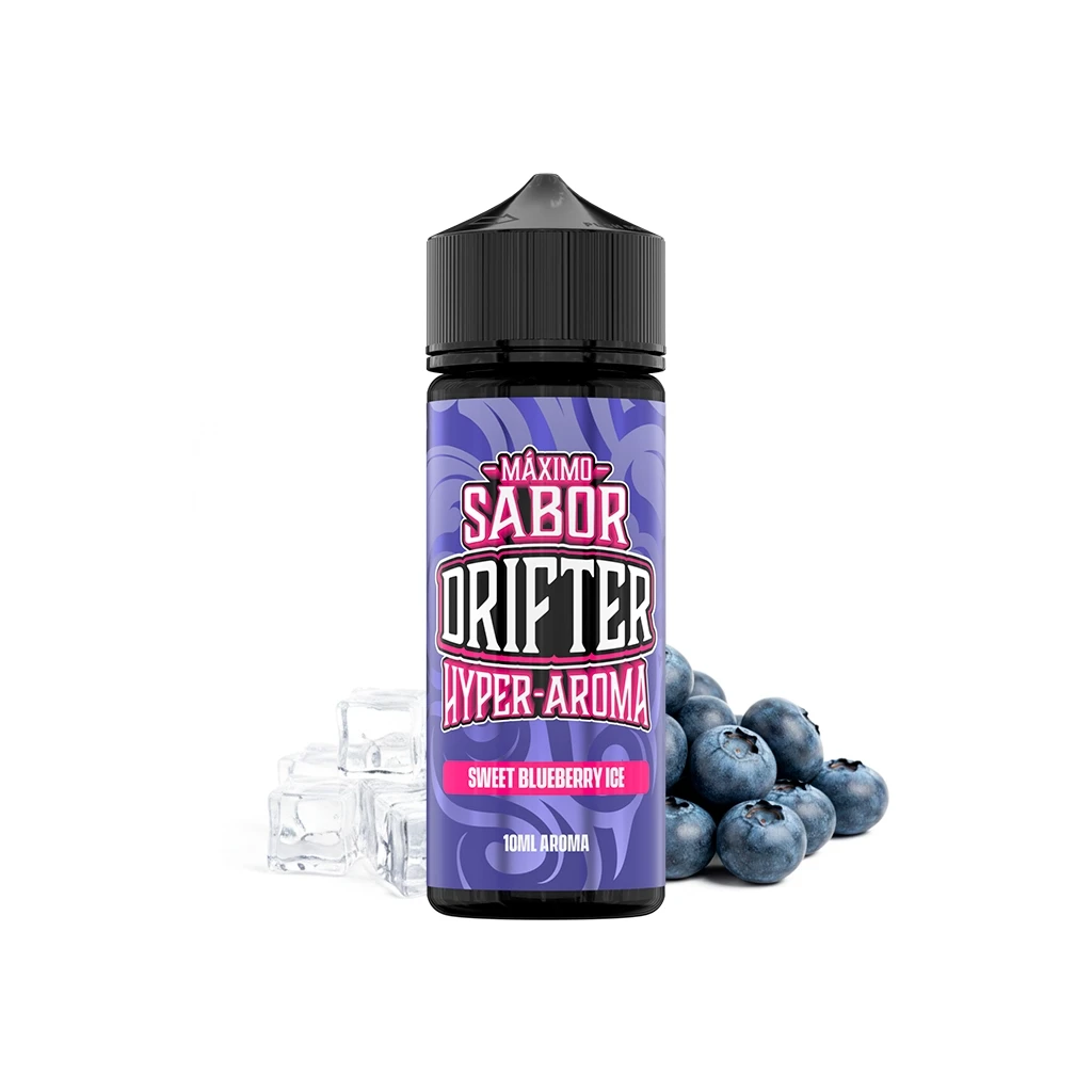 Bote Drifter Hyper-Aroma Sweet Blueberry Ice de 10 ml, con etiqueta violeta y tapón negro, rodeado de arándanos y hielo.