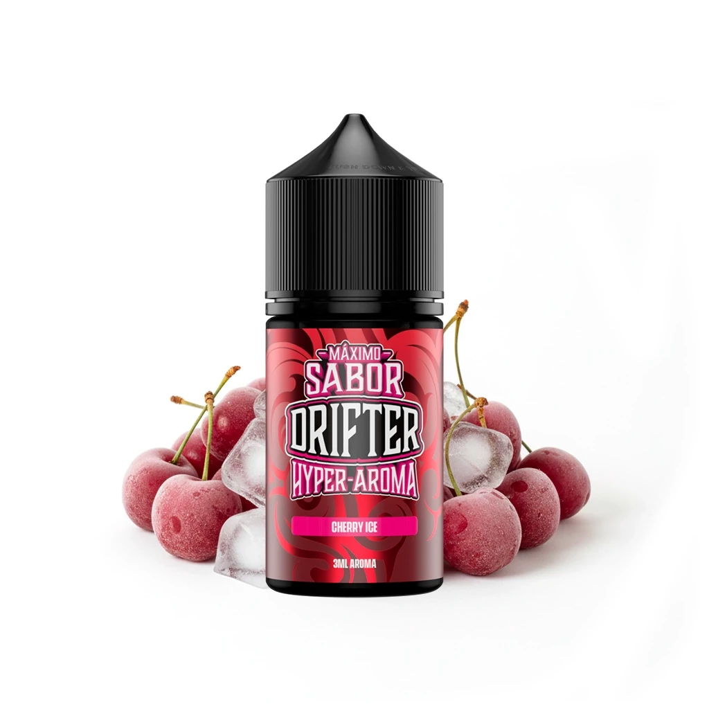 Bote Drifter Hyper-Aroma Cherry Ice de 3 ml, con etiqueta roja y tapón negro, acompañado de cerezas y cubitos de hielo.