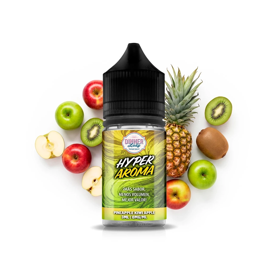 Frasco Dinner Lady Hyper Aroma Pineapple Kiwi Apple con tapón negro y etiqueta verde, rodeado de piña, kiwis y manzanas.
