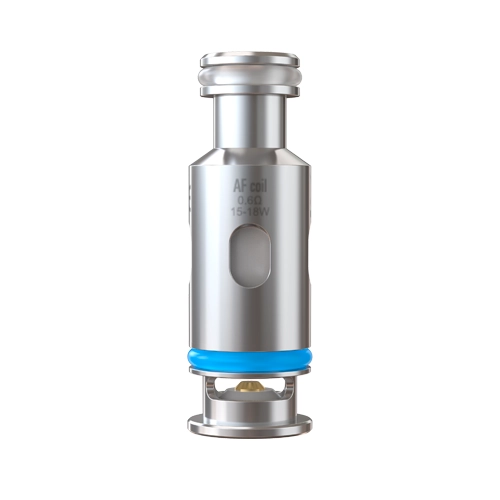 Resistencia Aspire Flexus AF Coil plateada, en posición vertical, con abertura lateral ovalada y junta azul en la base.