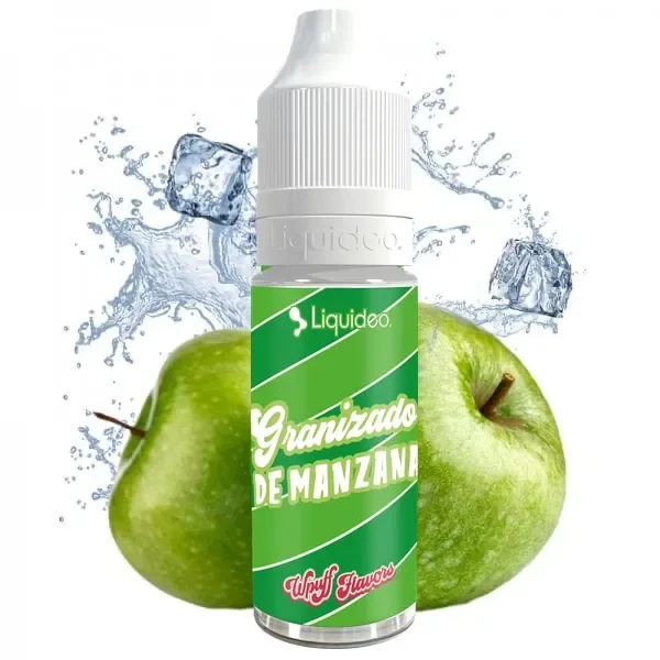 Frasco de Granizado de Manzana Liquideo con tapón blanco y etiqueta verde, delante de manzanas verdes, hielo y salpicaduras.