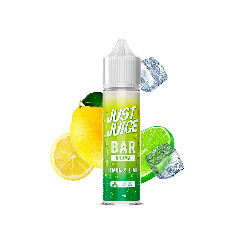 Bote Just Juice Bar Lemon Lime con tapón blanco y etiqueta verde de 12 ml, rodeado de limón, lima y cubitos de hielo.
