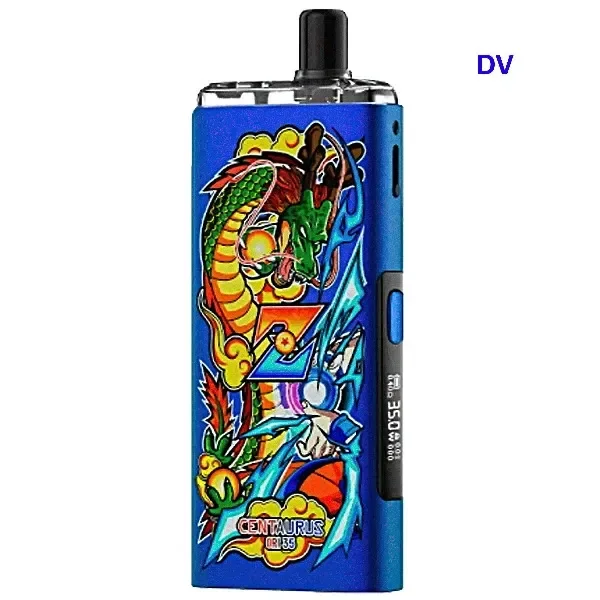 Vapeador Sayan Core Lost Vape Centaurus Ori 35 azul, con ilustraciones de dragón y personajes, boquilla negra y pantalla lateral.