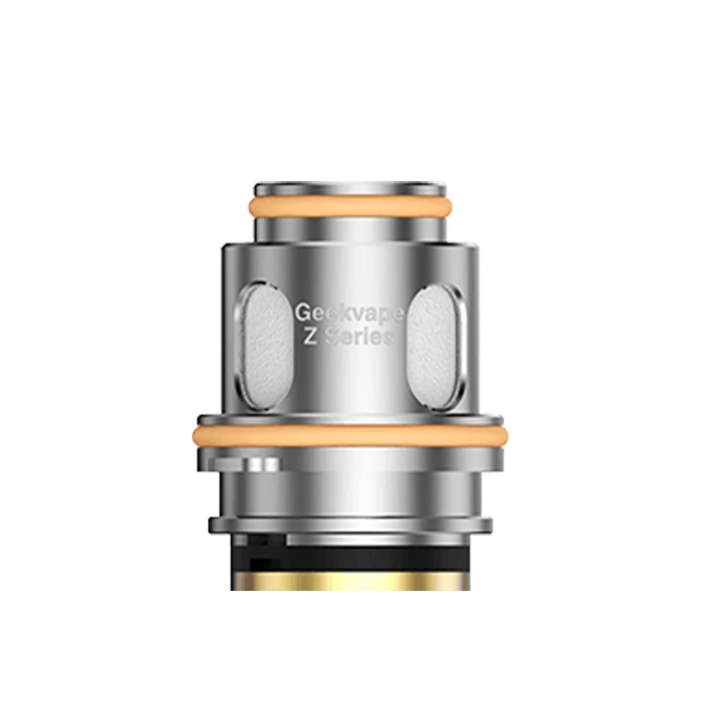 Resistencia Geekvape Z Series de acabado plateado, con aberturas laterales ovaladas y juntas naranjas, sobre fondo blanco.