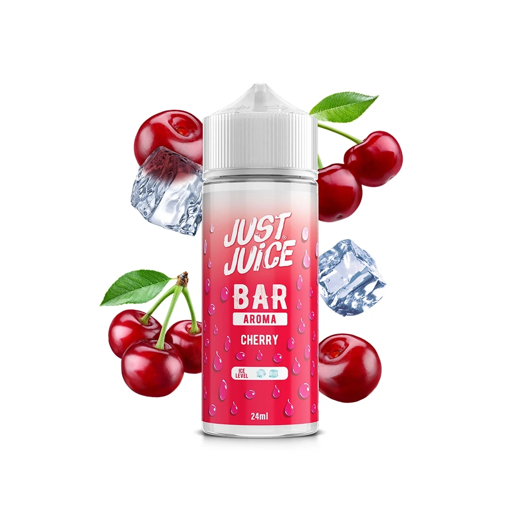 Frasco Just Juice Bar Cherry de 24 ml con tapón blanco y etiqueta rosa, rodeado de cerezas, hojas verdes y cubitos de hielo.