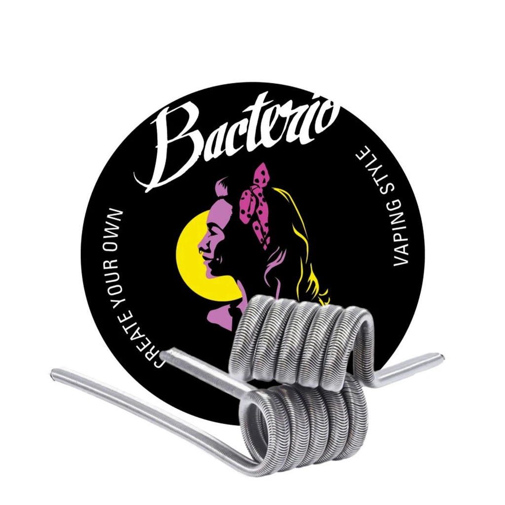 Resistencias Bacterio Coils de alambre enrollado con extremos alargados, delante de un logotipo circular negro con una figura en morado. Resistencias Bacterio Coils de alambre enrollado con extremos alargados, delante de un logotipo circular negro con una figura en morado.
