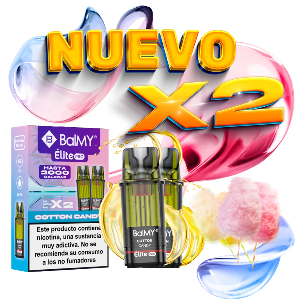 Pods Balmy Élite Pro Cotton Candy junto a su caja, con el texto «Nuevo x2» y algodones de azúcar sobre fondo negro.