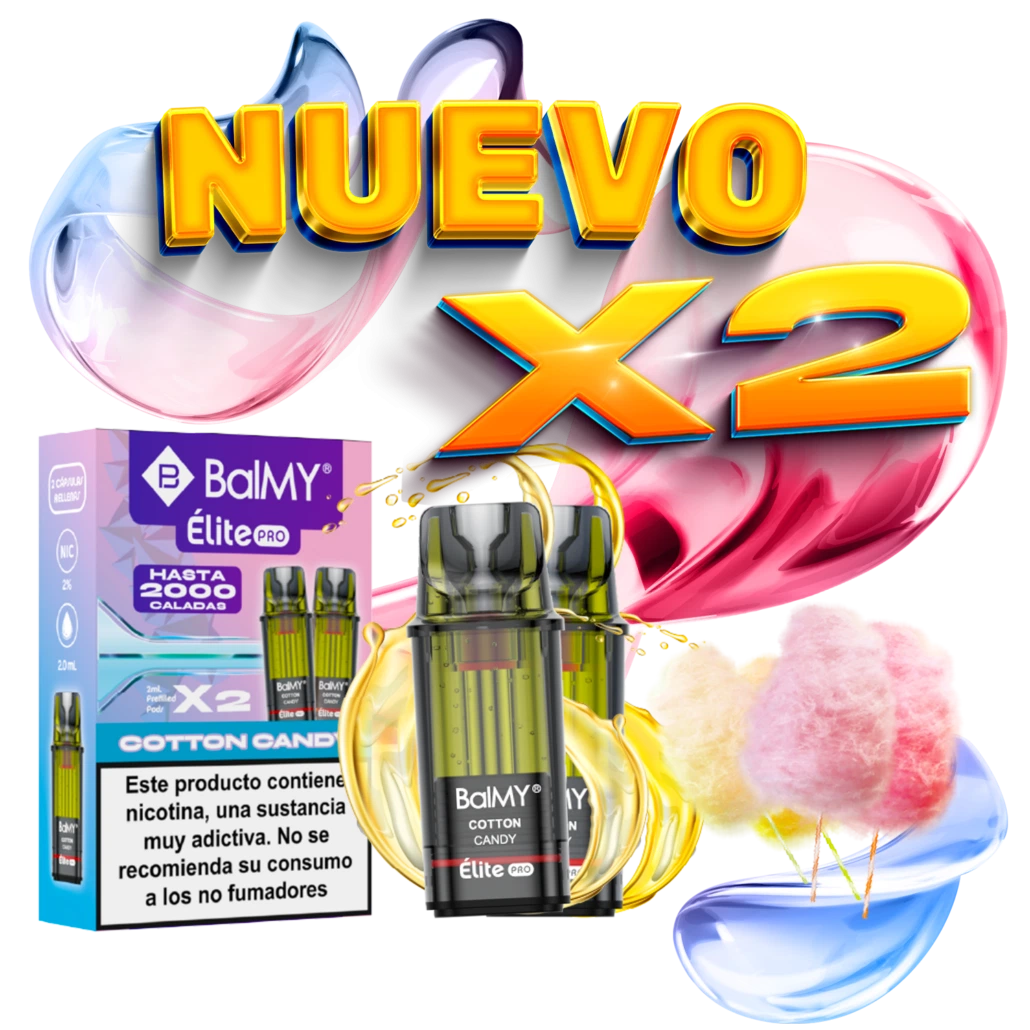Pods Balmy Élite Pro Cotton Candy junto a su caja, con el texto «Nuevo x2» y algodones de azúcar sobre fondo negro.