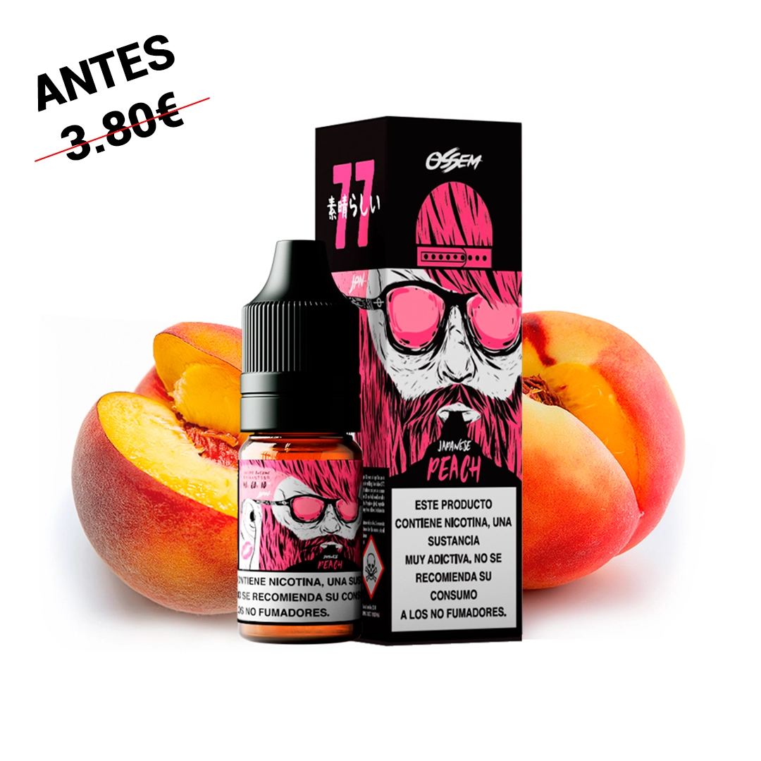Frasco y caja de Ossem Salts Japanese Peach, con diseño negro y rosa de un rostro barbudo con gafas, junto a melocotones abiertos.