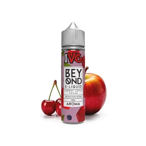 Frasco Beyond Cherry Apple Longfill con tapón gris y etiqueta de 12 ml, acompañado de cerezas y una manzana roja.