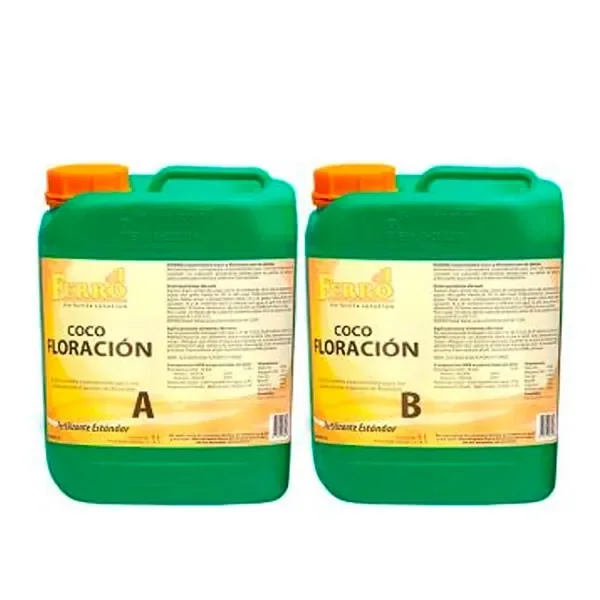 Garrafas verdes de Ferro Coco Floración A y B, con asas integradas, tapones naranjas y etiquetas amarillas sobre fondo blanco.