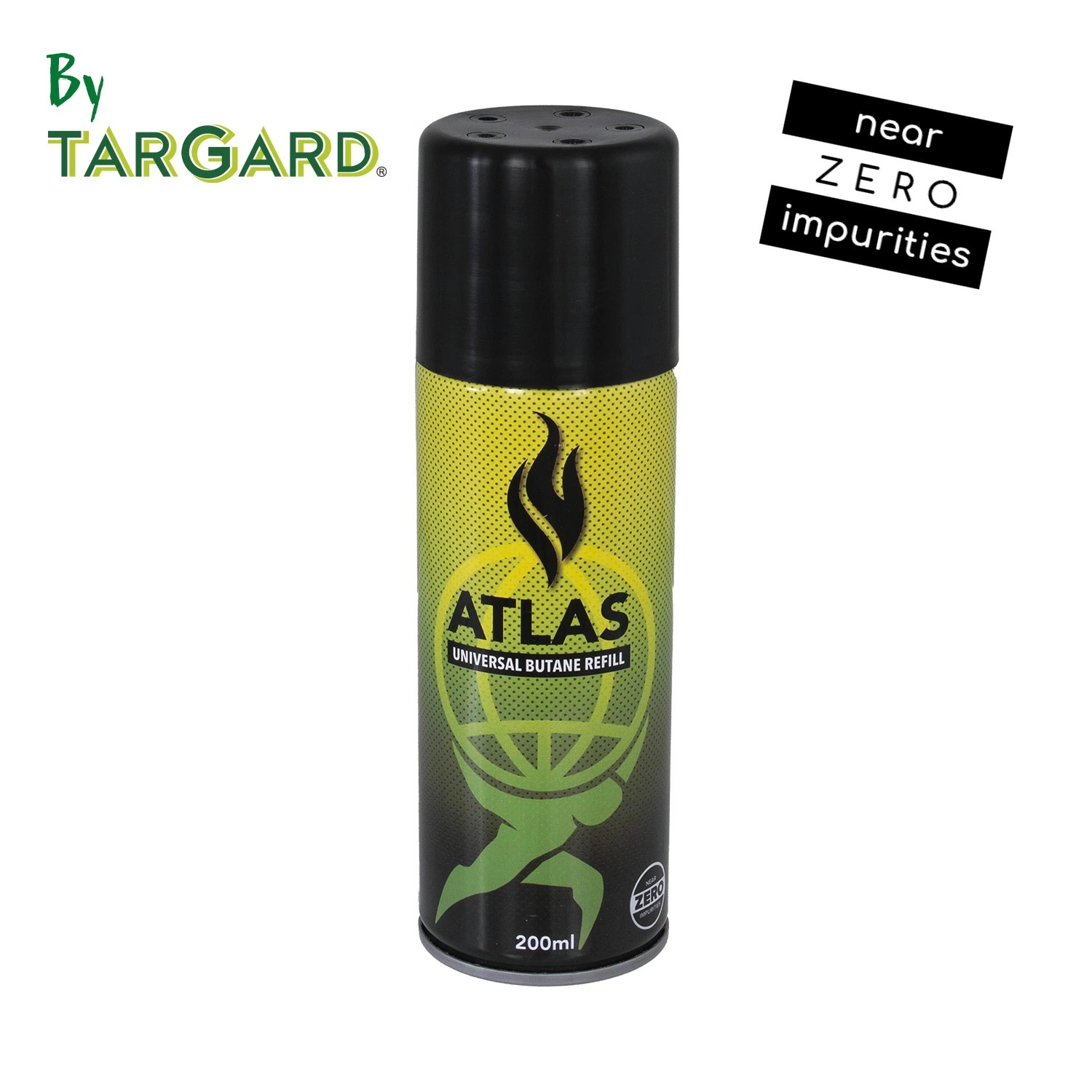 Envase Atlas de recarga de butano de 200 ml, con tapa negra y etiqueta verde; logotipo TarGard en la esquina superior izquierda.