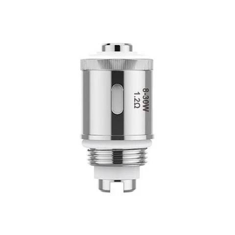 Resistencia Eleaf GS Air plateada, con base roscada, juntas blancas y abertura lateral; lleva las inscripciones 1,2 Ω y 8–30 W.