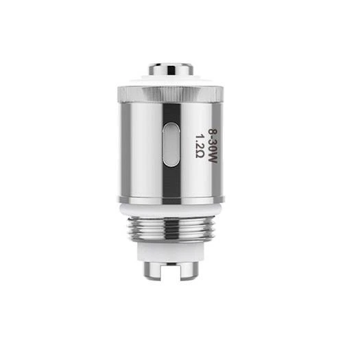 Resistencia Eleaf GS Air plateada, con base roscada, juntas blancas y abertura lateral; lleva las inscripciones 1,2 Ω y 8–30 W.