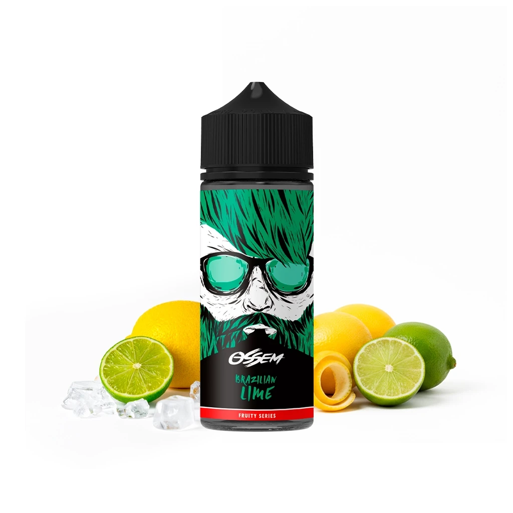 Bote Ossem Brazilian Lime con tapón negro y etiqueta de rostro con gafas verdes, rodeado de limas, limones y cubitos de hielo.