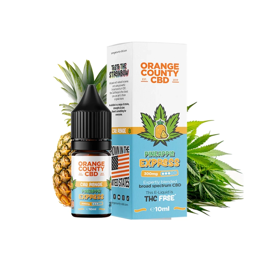 Frasco y caja de Orange County CBD Pineapple Express, con etiquetas blancas y turquesas, junto a una piña y hojas de cannabis.