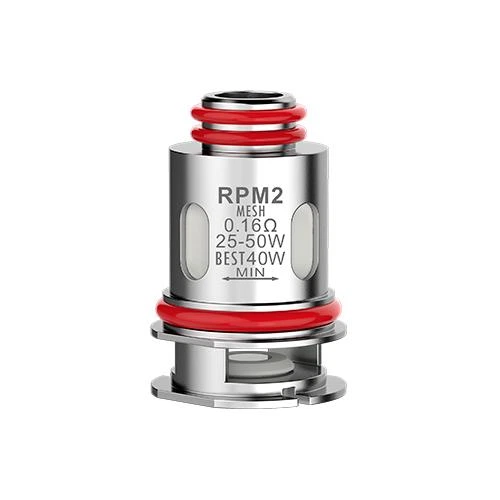 Resistencia Smok RPM 2 metálica con juntas rojas y grabado Mesh de 0,16 ohmios, rango de 25 a 50 W y potencia recomendada de 40 W.