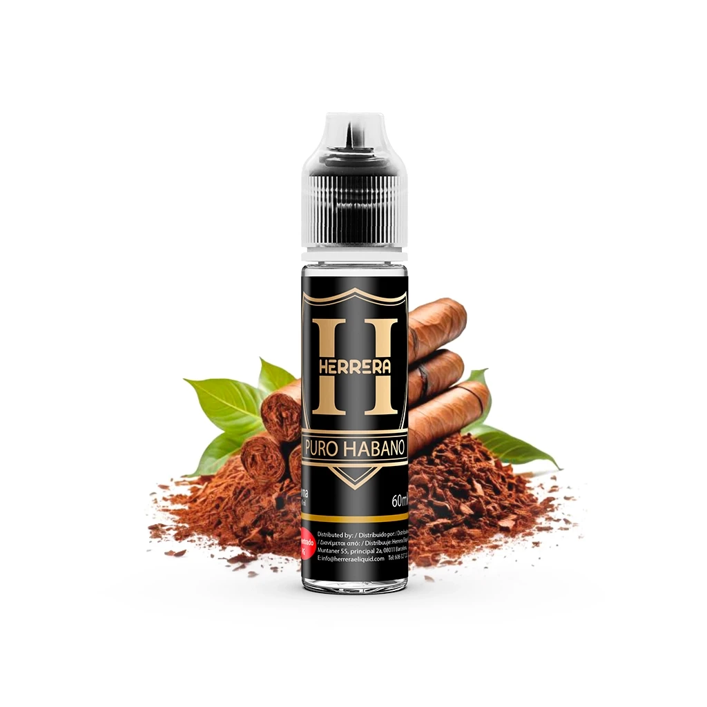 Frasco Herrera Puro Habano con etiqueta negra y dorada y tapón transparente, delante de puros, hojas verdes y tabaco desmenuzado.