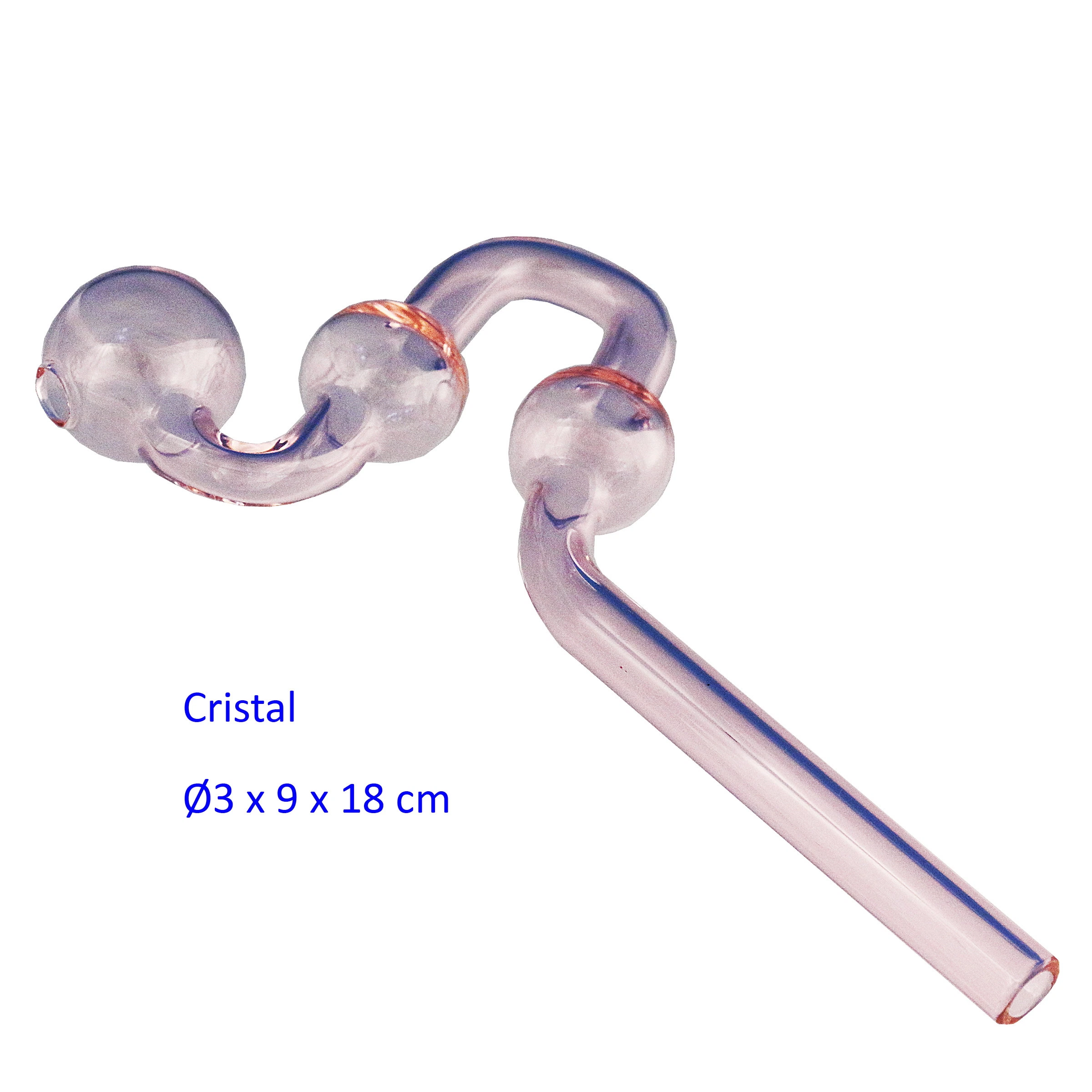 Pipa de cristal transparente con tonos rosados, cuerpo curvado, cámaras esféricas y boquilla larga sobre fondo blanco.