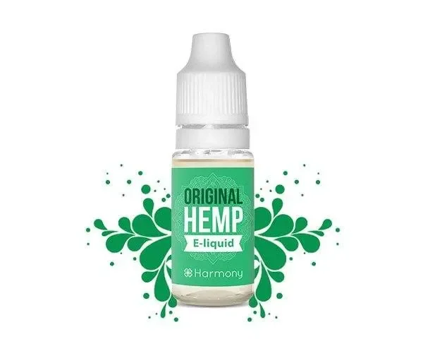 Frasco de e-líquido Harmony con tapón blanco y etiqueta verde «Original HEMP», sobre fondo blanco con motivos verdes.