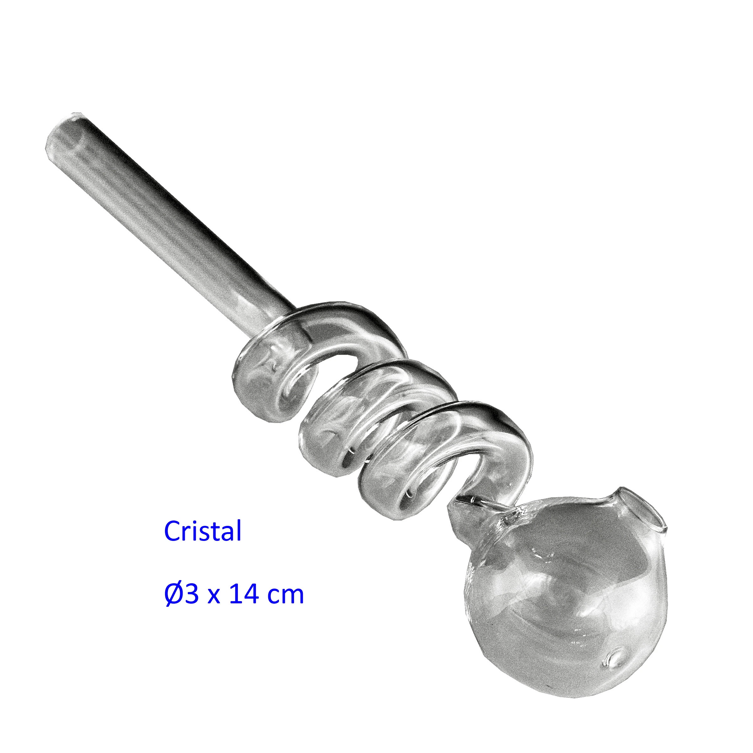Pipa de cristal transparente de 14 cm, dispuesta en diagonal, con tubo en espiral y cazoleta redondeada sobre fondo blanco.
